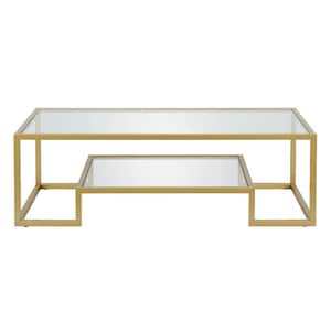 54 in. Gold Rectangle Glass Coffee Table with Shelves;Storage