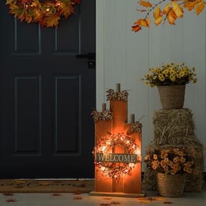 30 in. H Fall Lighted Wooden Pumpkin Decor with Wreath