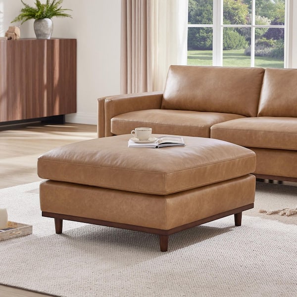 Rowan 35 in. Faux Leather Ottoman Rectangle Modular Sectional Sofa in Camel/1-Piece with Feather Cushions
