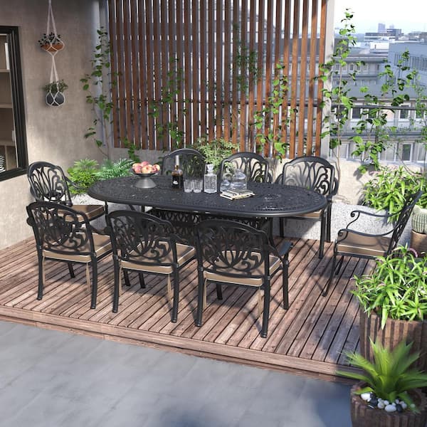 Willit Elizabeth Black 9-Piece Cast Aluminum Outdoor Dining Set with Oval Table and Dining Chairs with Random Color Cushion