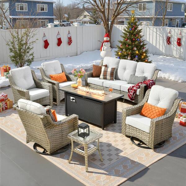 Eureka 7-Piece Wicker Patio Conversation Sofa Swivel Chair Set with Metal Fire Pit Table and Light Gray Cushions