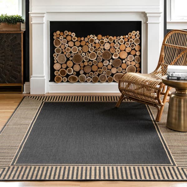 Asha Simple Border Dark Grey 6 ft. 7 in. x 9 ft. Indoor/Outdoor Patio Area Rug