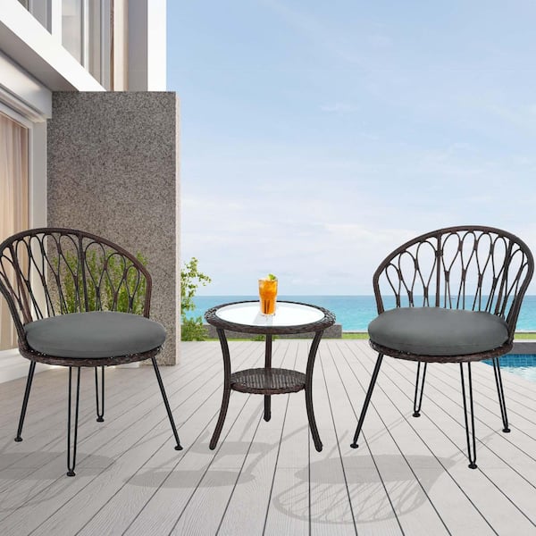 SUNRINX 3-Piece Brown Wicker RoundTable Outdoor Bistro Set with Grey Cushion