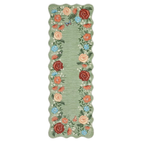Wavy Edge Decorative Rug Machine Washable Vintage Floral Printed Area Carpet for Bedroom Apartment Green，2X6ft
