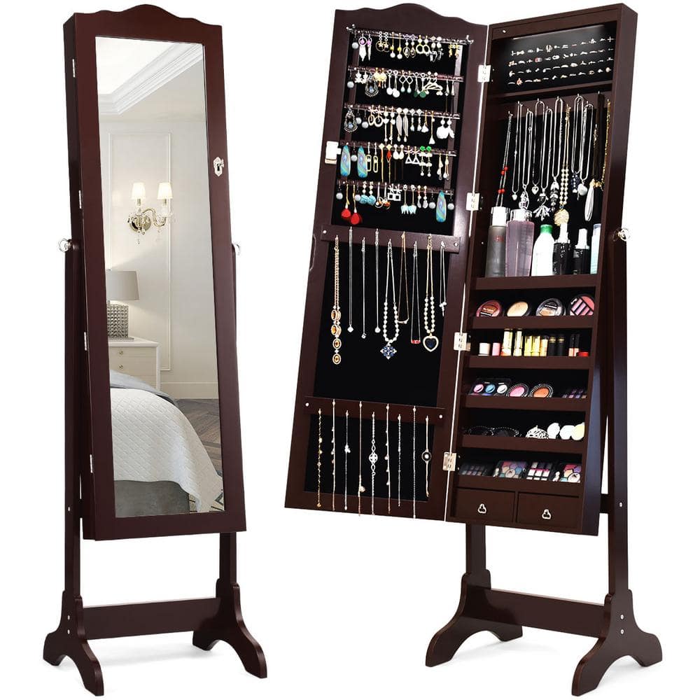 Costway Brown Mirrored Freestanding Jewelry Armoire Organizer Cabinet with Drawer and Led Lights GHMHSKU00775 The Home Depot