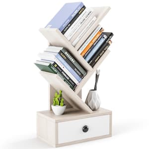 5-Tier Tree Bookshelf with Wooden Drawer Display Storage Organizer Rack Beige
