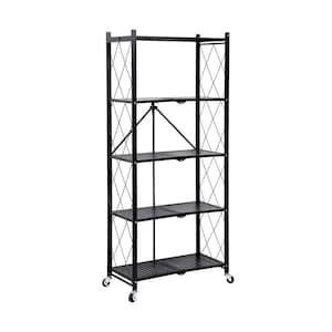 63.78 in. Black Iron 5 Shelf Foldable Bookcase with Wheels