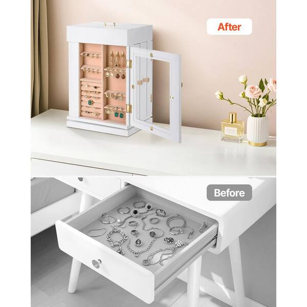 SKYSHALO 360° Rotating Jewelry Box, White Organizer with Magnetic