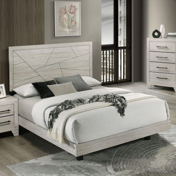 Soun Gray Wood Frame Queen Panel Bed with Geometric Design Headboard