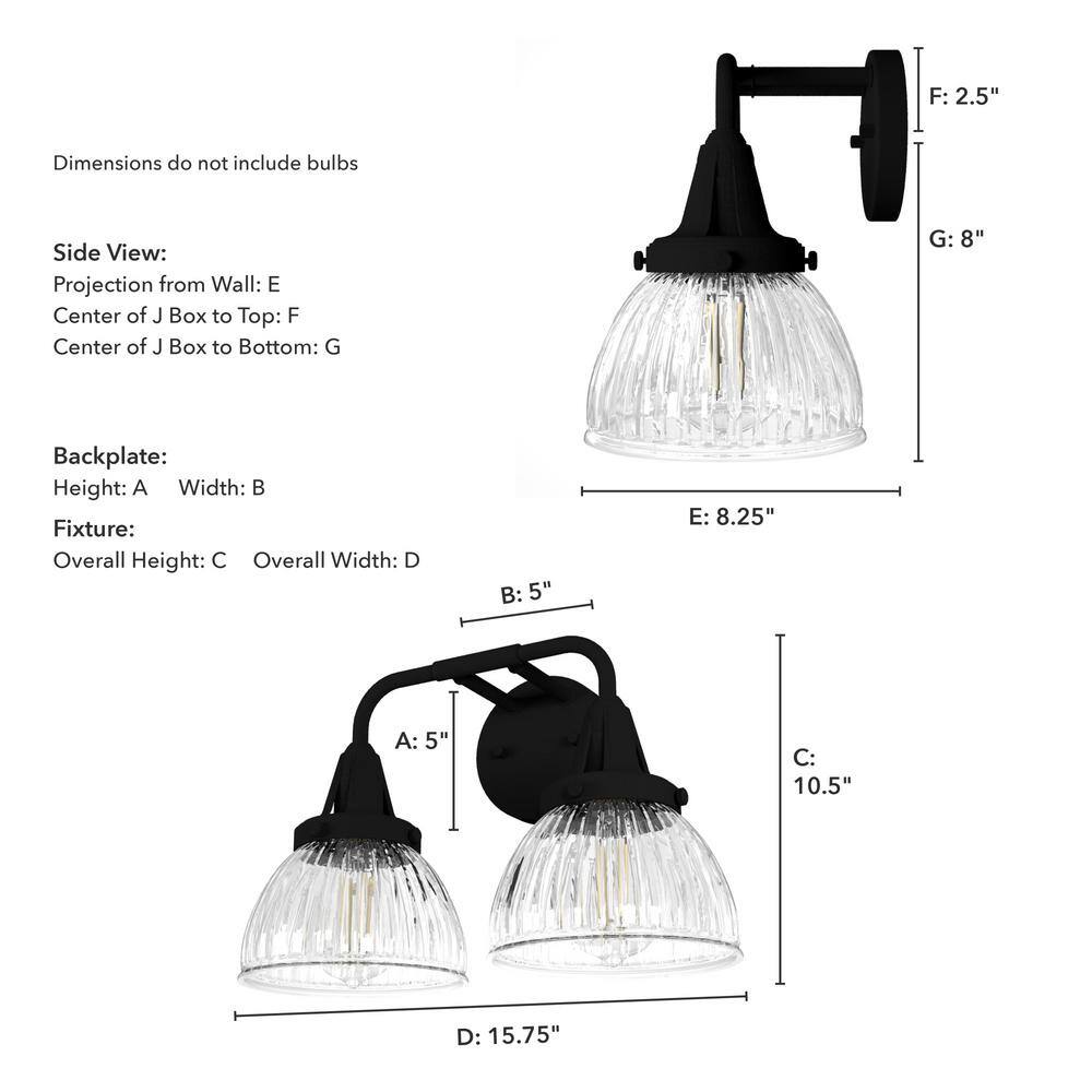 Black Iron 2-Light Fluted Glass Vanity Wall Sconce