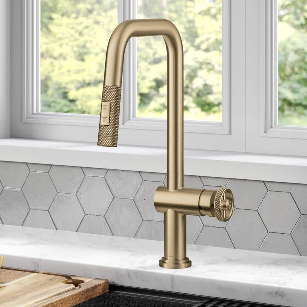 Brushed Gold Industrial Pull-Down Kitchen Faucet with Spray