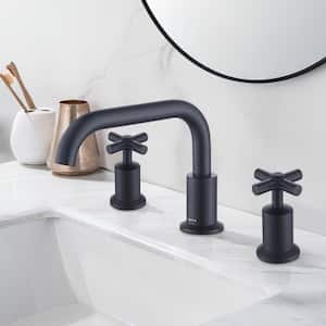 Modern 8 in. Widespread Double Handle 360-Degree Swivel Spout Bathroom Faucet with Drain Kit Included in Matte Black