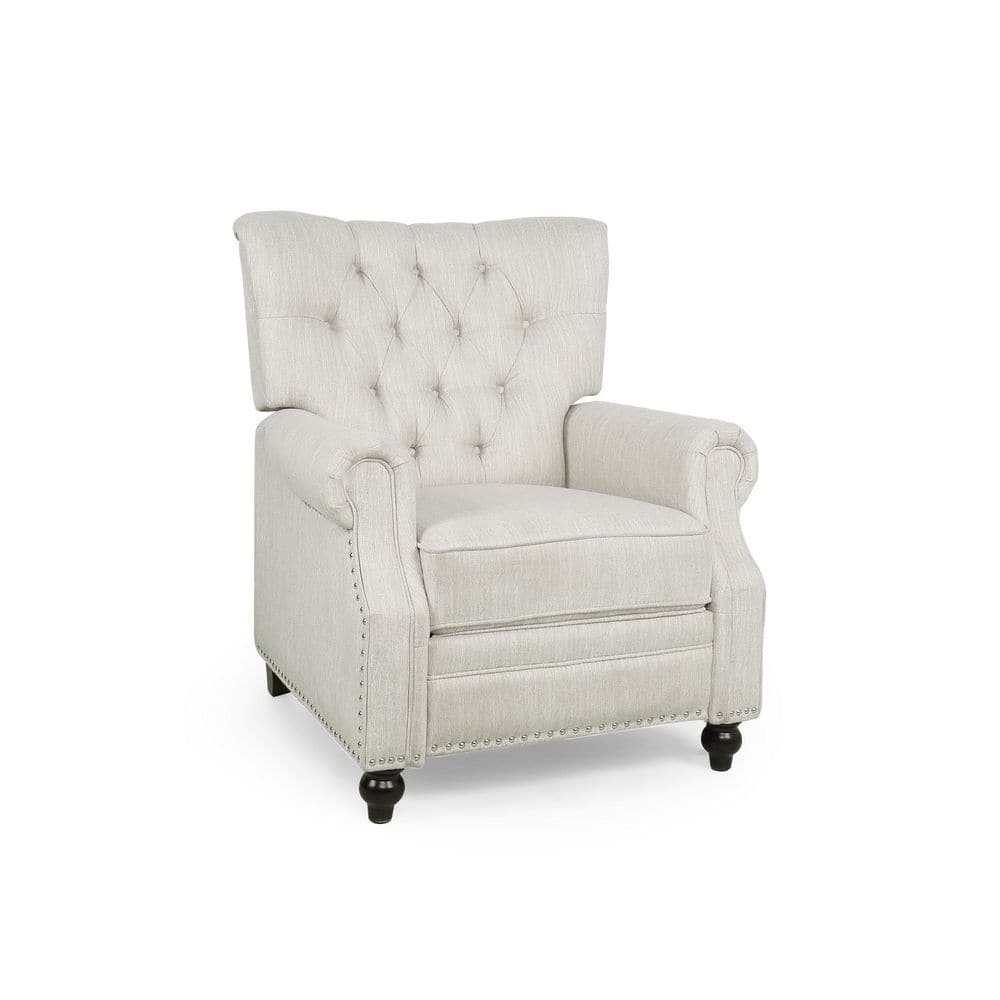 Handcrafted Beige Faux Leather Wood Recliner with Nailhead Trim