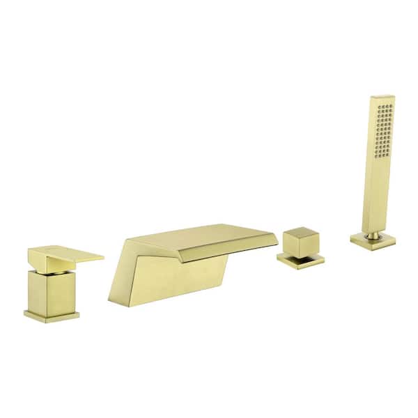 Single-Handle Tub Deck Mount Roman Tub Faucet with Hand Shower and Water Suply Hose in Brushed Gold