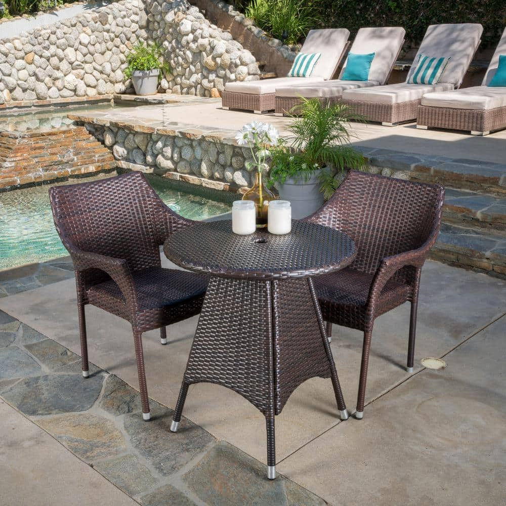 Nia Multi-Brown 3-Piece Faux Rattan Round Outdoor Patio Dining Set with Stacking Chairs -  Noble House, 6171