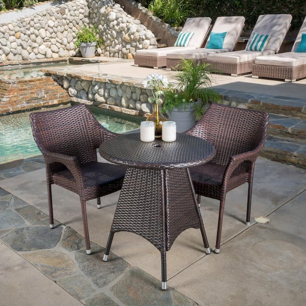Noble House Nia Multi-Brown 3-Piece Faux Rattan Round Outdoor Patio Dining Set with Stacking Chairs