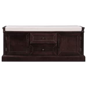 Espresso Brown Pine wood frame and legs MDF panels Shoe Storage Bench with Removable Cushion 2-Drawers and 2-Cabinets