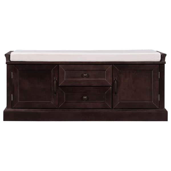 Huluwat Espresso Brown Pine wood frame and legs MDF panels Shoe Storage Bench with Removable Cushion 2-Drawers and 2-Cabinets