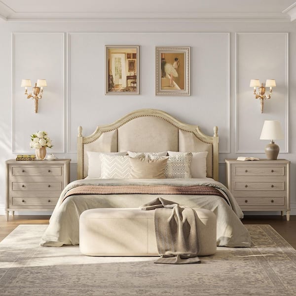 (Set of 2)Sunlit Oak 30 in. W Traditional 3-Drawer Nightstand with Power Outlets, USB Port and Vintage Metal Handles
