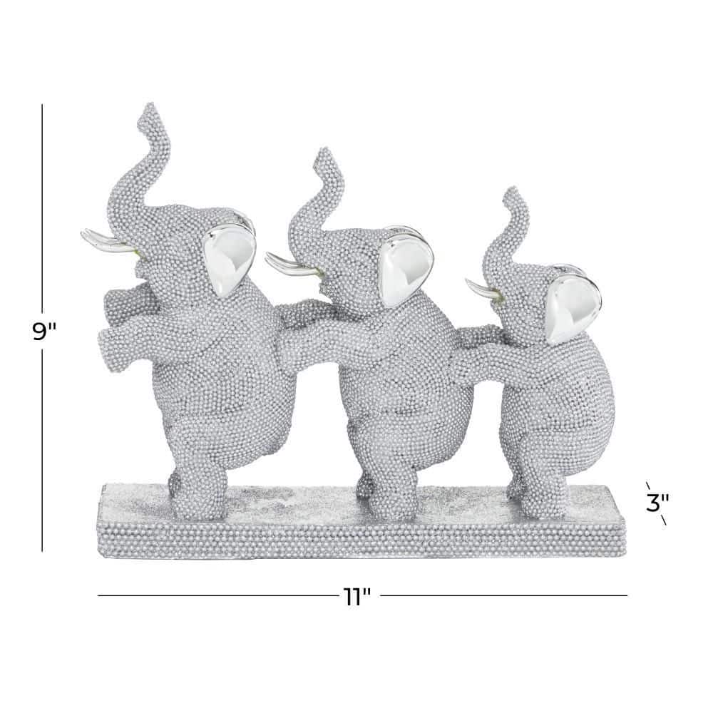Silver Resin Elephant Trio Sculpture with Shimmering Finish