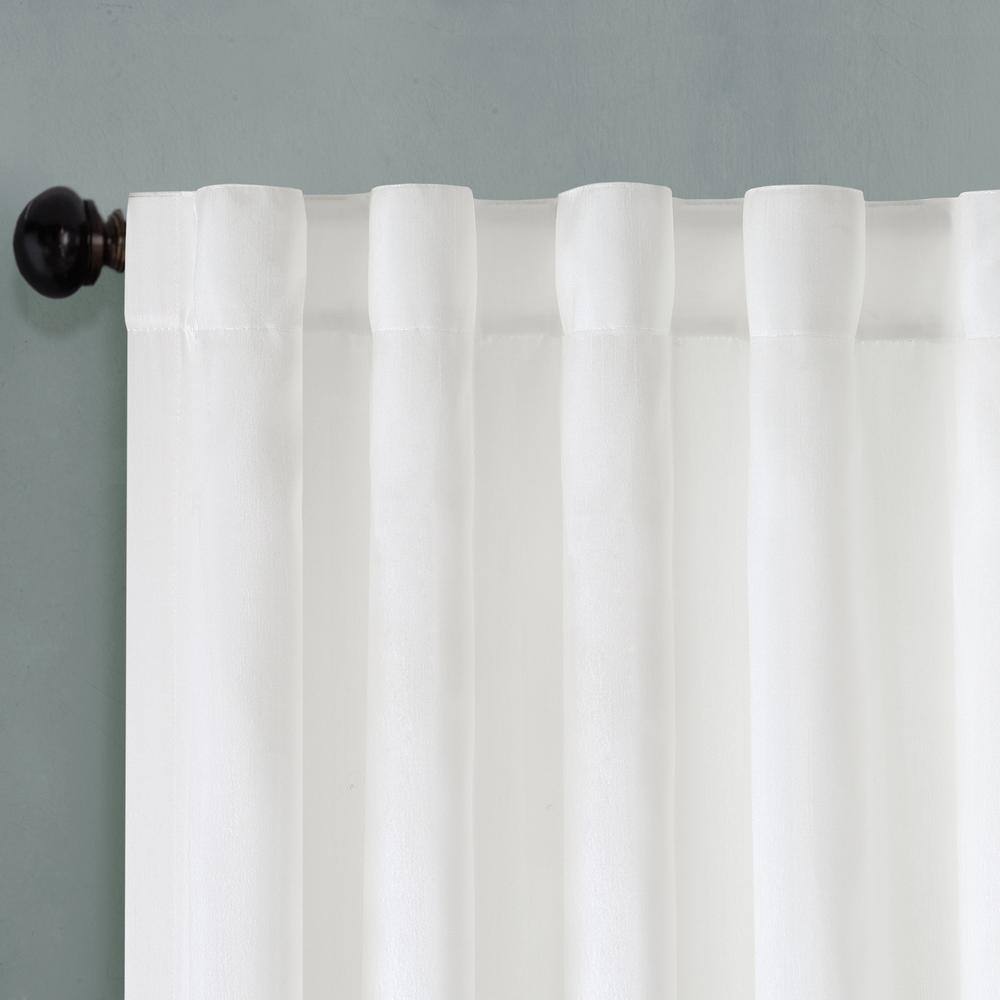 White Faux Silk Embroidered Puddle Length Curtain Panel