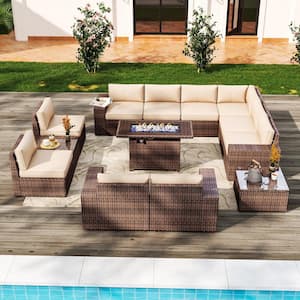 13-Piece Outdoor Rattan Wicker Patio Conversation Set with Fire Pit Table Beige Cushions