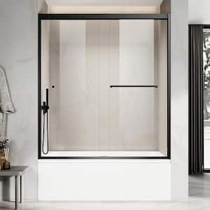 UKD06 56 to 60 in. W x 66 in. H Double Sliding Semi-Frameless Bathtub Door in Matte Black with EnduroShield Clear Glass