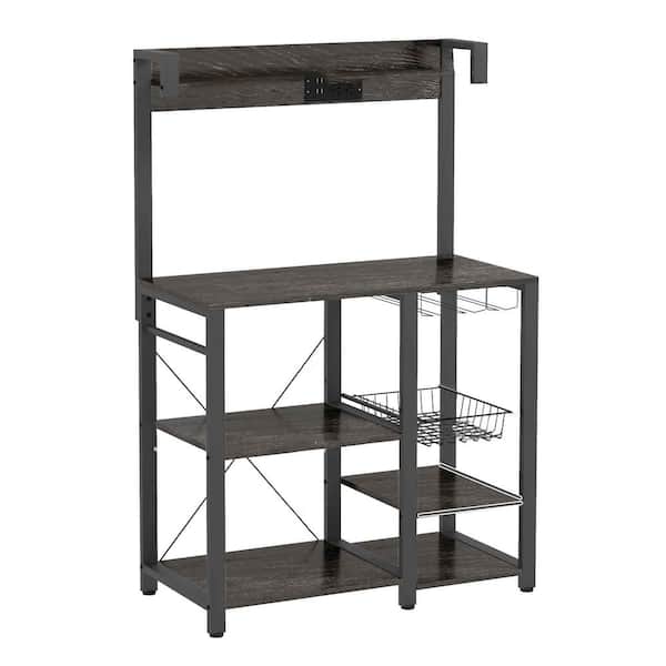 Unbranded Dark Gray Metal Pantry Organizer with Power Outlet and LED Lights, Bakers Racks, Glass Holders, Metal Basket