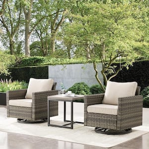 3-Piece Gray Wicker Patio Conversation Deep Seating Set with Beige Cushions Swivel Rocking Chairs