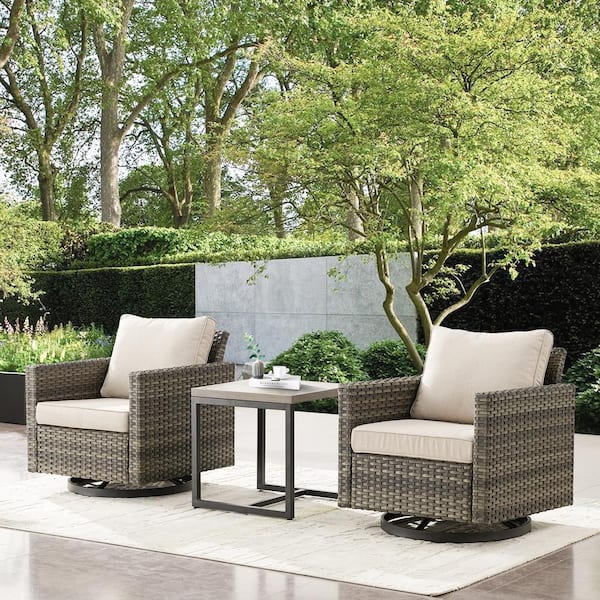 Pocassy 3-Piece Gray Wicker Patio Conversation Deep Seating Set with Beige Cushions Swivel Rocking Chairs