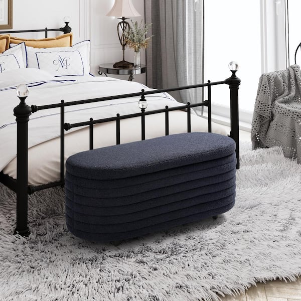 WESTINFURNITURE Bayville 42 in. Wide Oval Sherpa Upholstered Entryway Flip Top Storage Bedroom Accent Bench in Navy Blue