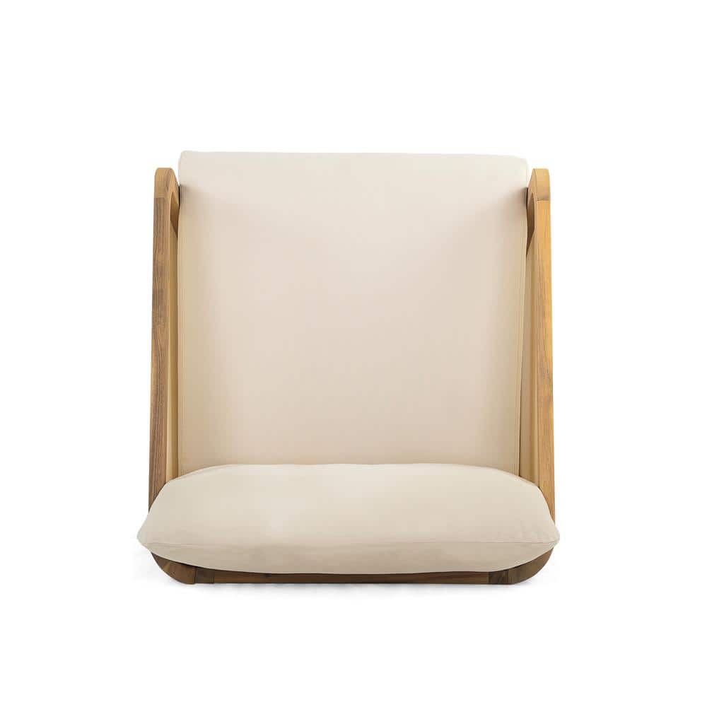Teak Finish Acacia Wood Patio Lounge Chair with Beige Cushions