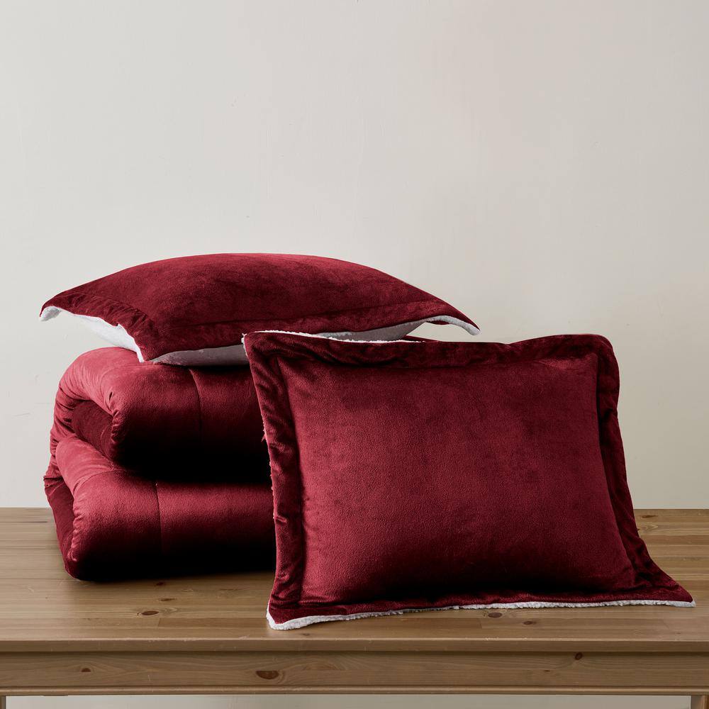 Full Burgundy Reversible Microfiber and Sherpa Comforter Set