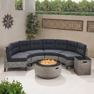 Baltaire Mixed Black 6-Piece Plastic Patio Fire Pit Sectional Seating Set with Dark Grey Cushions