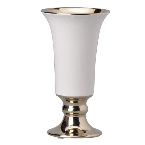 Benjara White and Gold Medium Urn Ceramic Vase with Flared Top and Pedestal Base