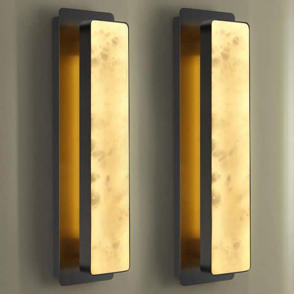 PUYRNF 20 in. 1-Light Dimmable LED Black LED Alabaster Wall Sconce for TV Wall, Stairs, Living Room, Stairs, Bedroom (Set of 2)