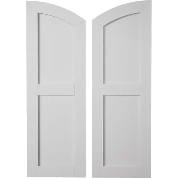 Ekena Millwork 12 in. x 38 in. Polyurethane Timberthane Smooth Two Equal Flat Panel Elliptical Top Faux Wood Shutters Primed Tan