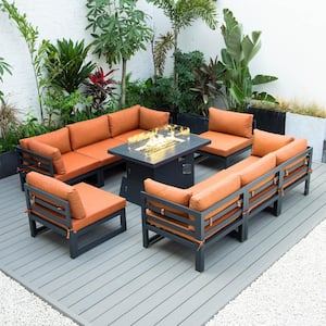 Chelsea Black 9-Peice Aluminum Sectional and Patio Fire Pit Set with Orange Cushions