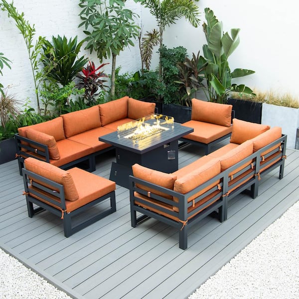 Leisuremod Chelsea Black 9 Piece Aluminum Patio Conversation Set with Orange Cushions