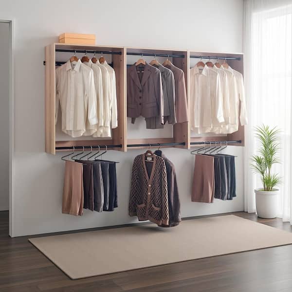 Vedz 94.49 in. W Oak Brown and Black Starter Kit Walk in 1-Shelf Wall Mounted Wood Closet System with 6 Hanging Rods