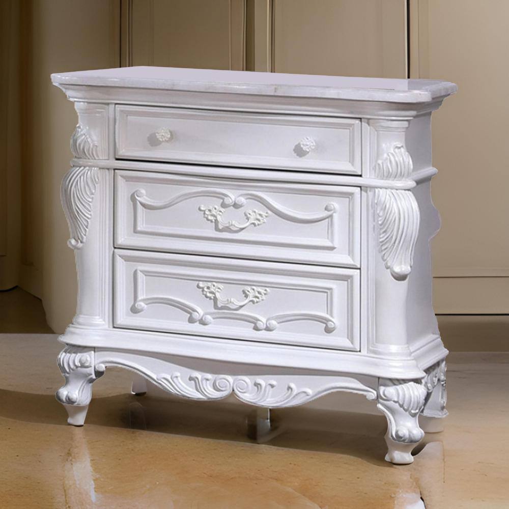 Venta White Solid Wood 3 Drawer Nightstand with Carved Details