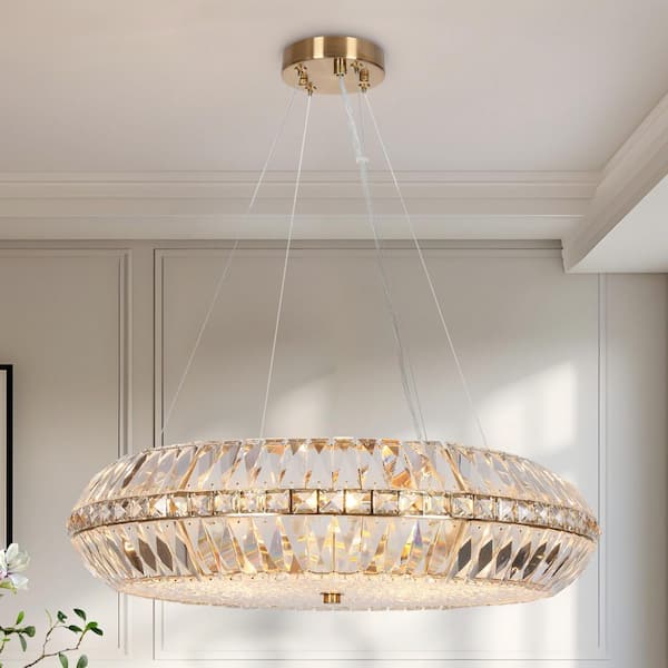 Modern 9-Light Plated Brass Island Chandelier with Glam Crystal Shade for Living Room, No Bulb Included