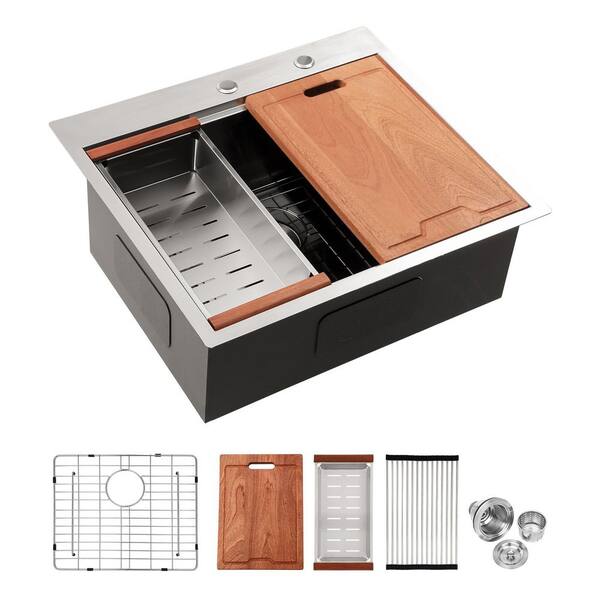 25 in. Drop-In Single Bowl 16 Gauge Brushed Nickel Stainless Steel Kitchen Sink and Bottom Grids