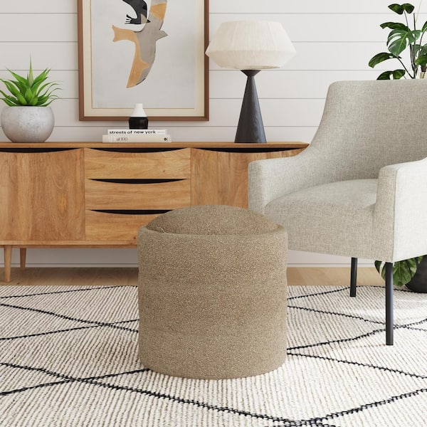 Homepop Brown Boucle Polyester Round Ottoman with Storage