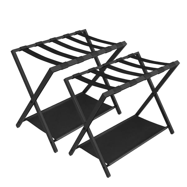 Black Foldable Luggage Rack with Storage Shelf, Heavy Duty Steel Frame, Space-Saving for Bedroom, Hotel Use, 2 Pack