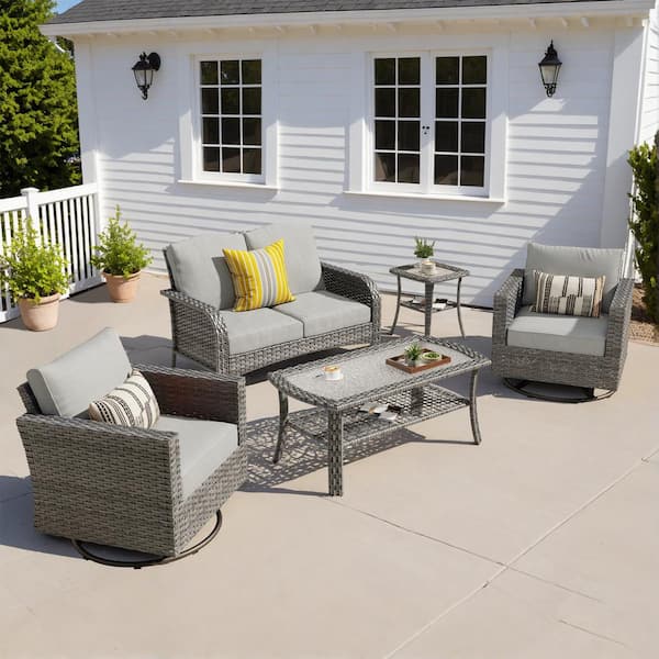 Missisi Gray 5-Piece Wicker Patio Conversation Set with Dark Gray Cushions and Swivel Chairs