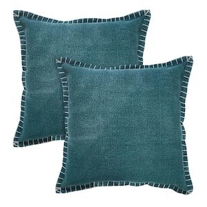 Nellie Teal Solid Color Stitched Border Hand-Woven 20 in. x 20 in. Indoor Throw Pillow Set of 2