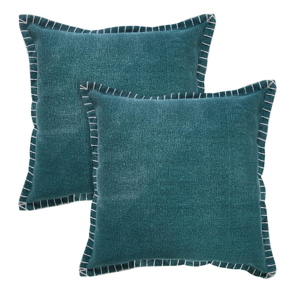 Nellie Teal Solid Color Stitched Border Hand-Woven 20 in. x 20 in. Indoor T
