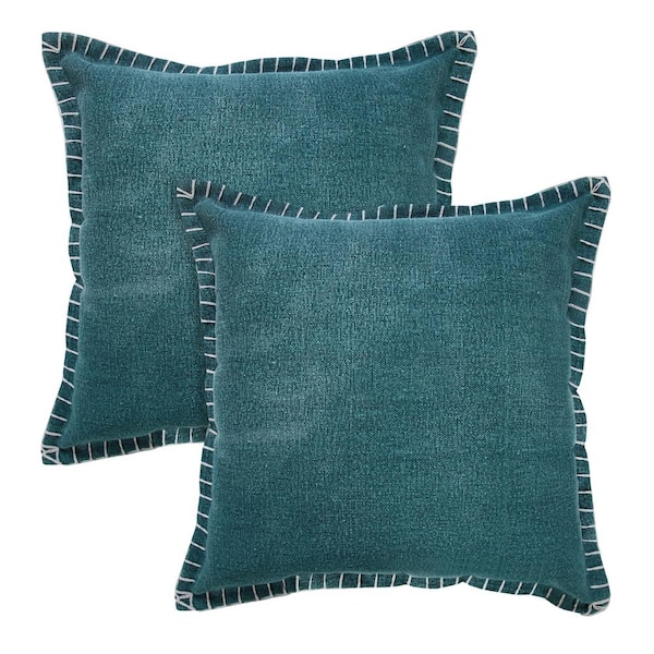 Unbranded Nellie Teal Solid Color Stitched Border Hand-Woven 20 in. x 20 in. Indoor Throw Pillow Set of 2