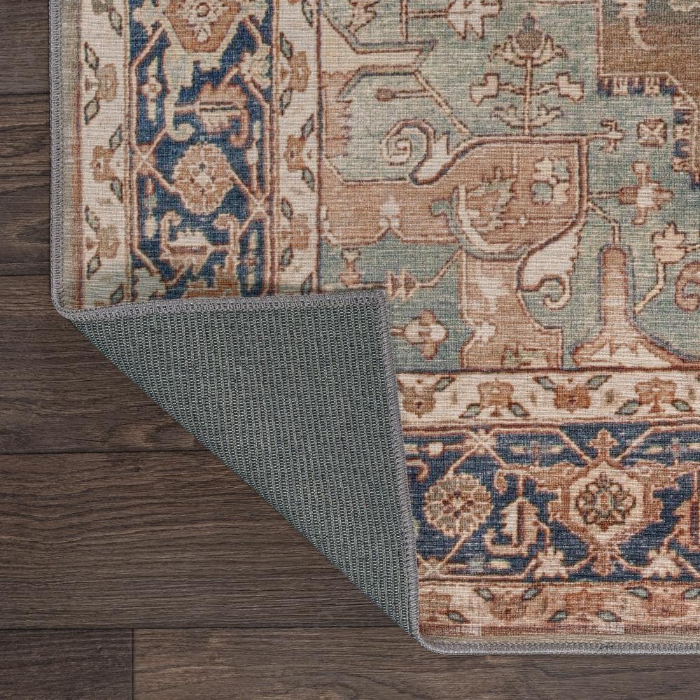Maris Ornate Medallion Machine-Washable Beige and Blue Chenille 4' x 6' Area Rug